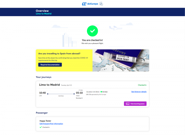 Air Europa es la primera aerolínea en integrar la verificación digital sanitaria del pasajero de Amadeus